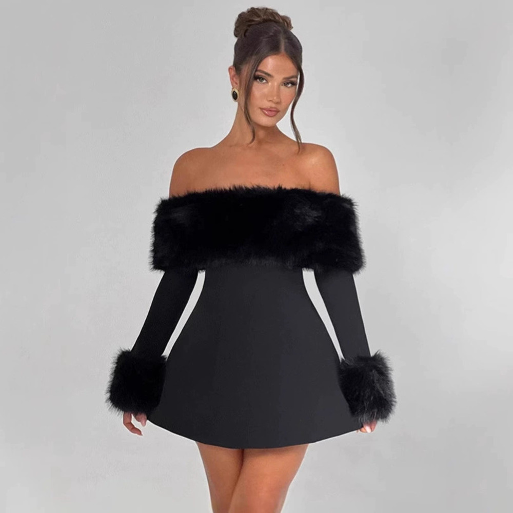 ZARA Fall Winter Chic Sexy Fur Collar Off Shoulder Slim Fit Dress